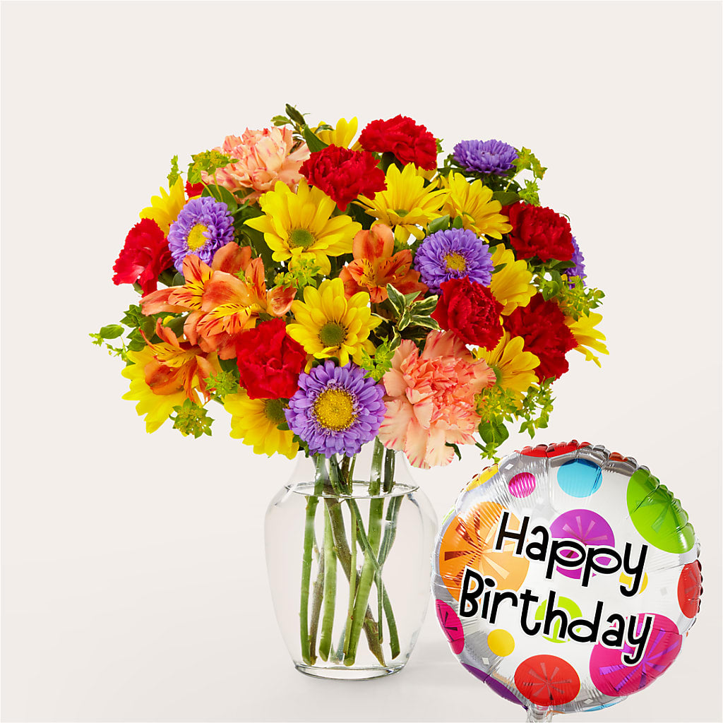 Kaleidoscope Bouquet with Birthday Balloon – Greater Oklahoma City Flower Shop, Oklahoma City OK