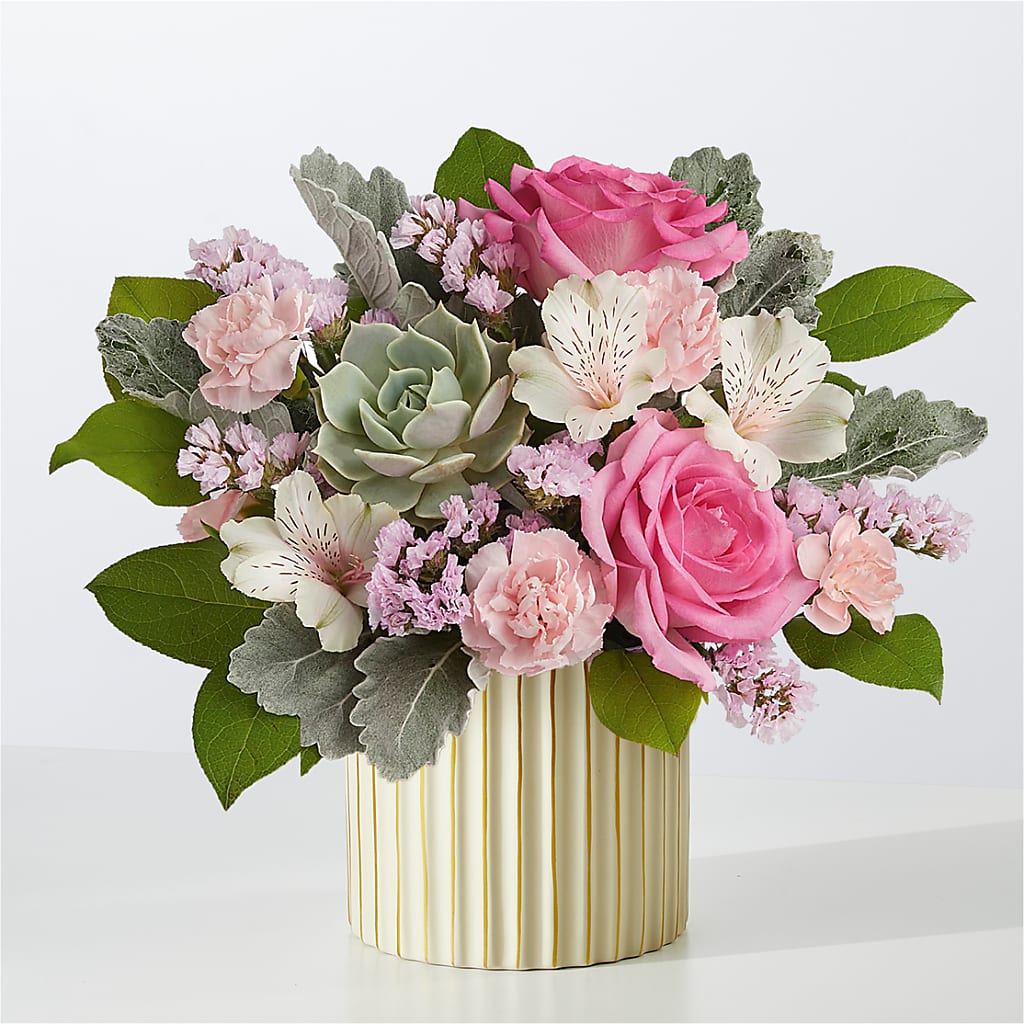 Dusty Rose Bouquet with Ivory Vase – Greater Oklahoma City Flower Shop, Oklahoma City OK