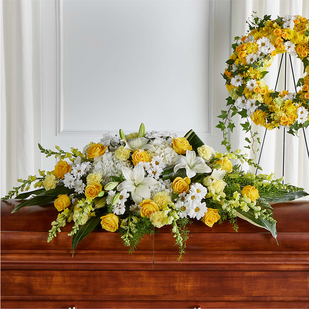 Golden Harmony Casket Spray – Greater Oklahoma City Flower Shop, Oklahoma City OK