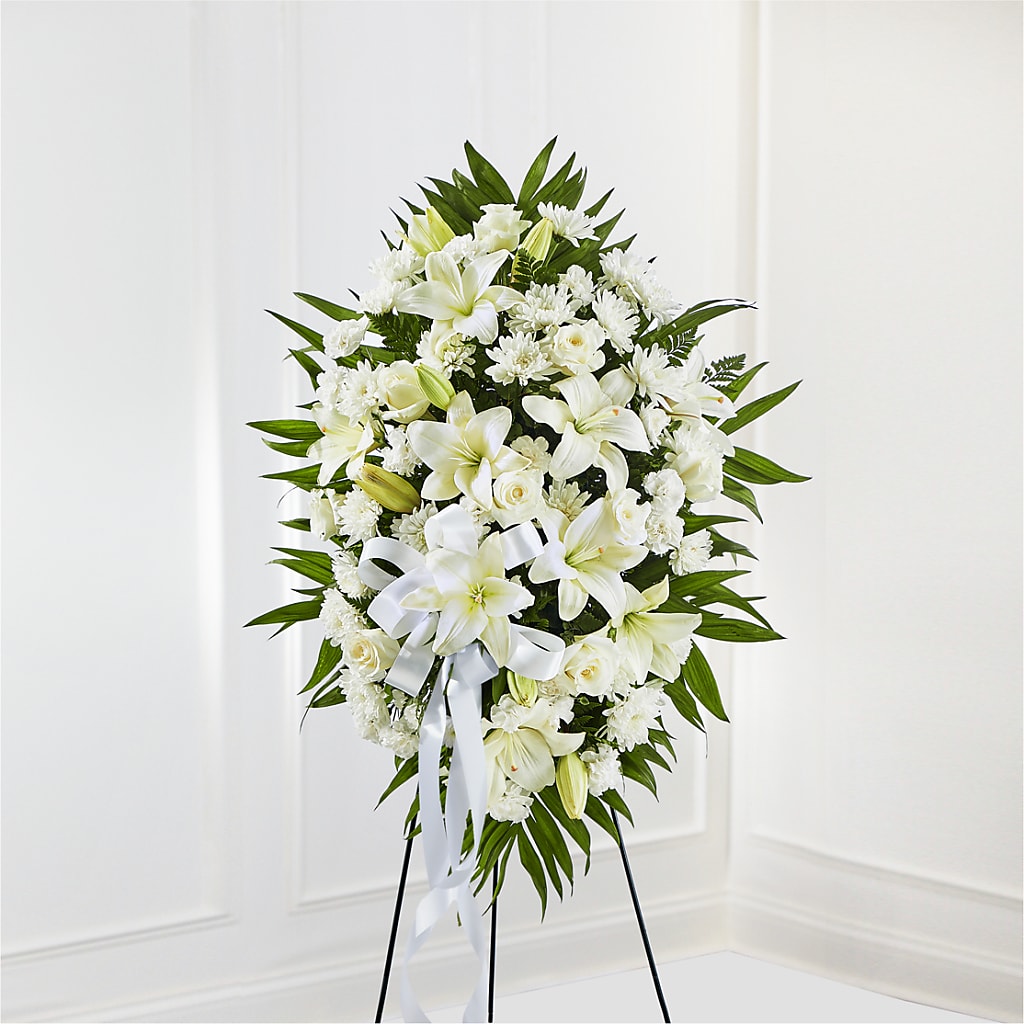 Exquisite Tribute Standing Spray-White Ribbon – Greater Oklahoma City Flower Shop, Oklahoma City OK