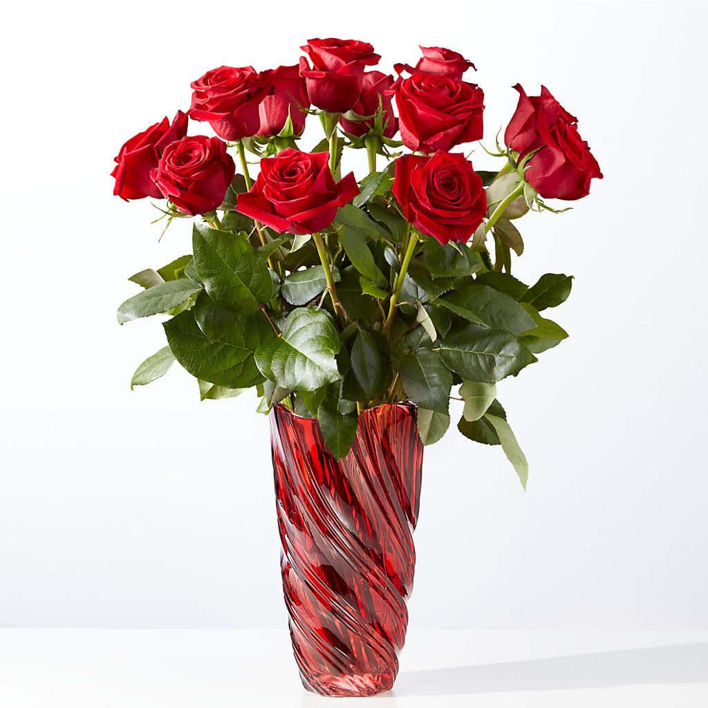 Classic Love Red Rose Bouquet with Luxe Swirl Vase – Greater Oklahoma City Flower Shop, Oklahoma City OK